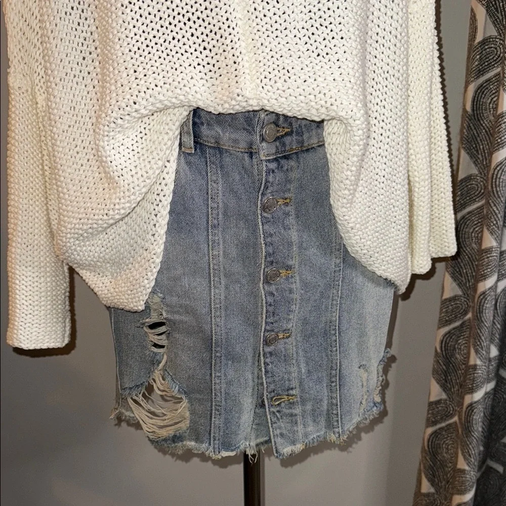 Free People Distressed Button Front Denim Mini Skirt